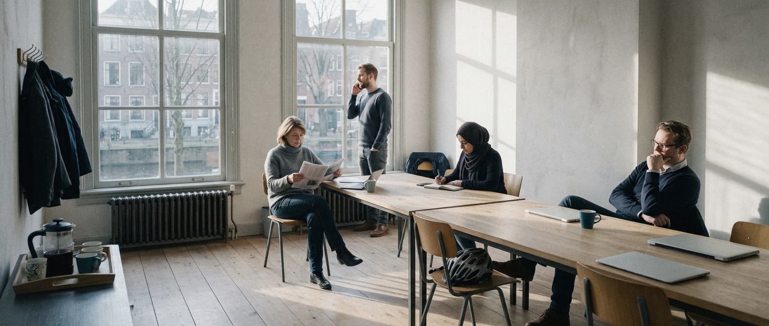 A small office on the first floor of a canal house on a winter morning, four people at work at two long tables.