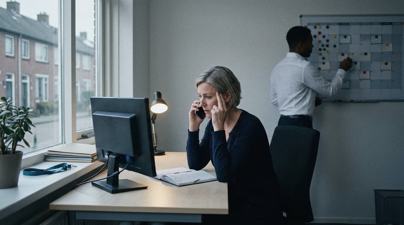Een recruiter aan de telefoon aan een bureau bij het raam, terwijl een collega een magneetje verplaatst op een planbord aan de muur.
