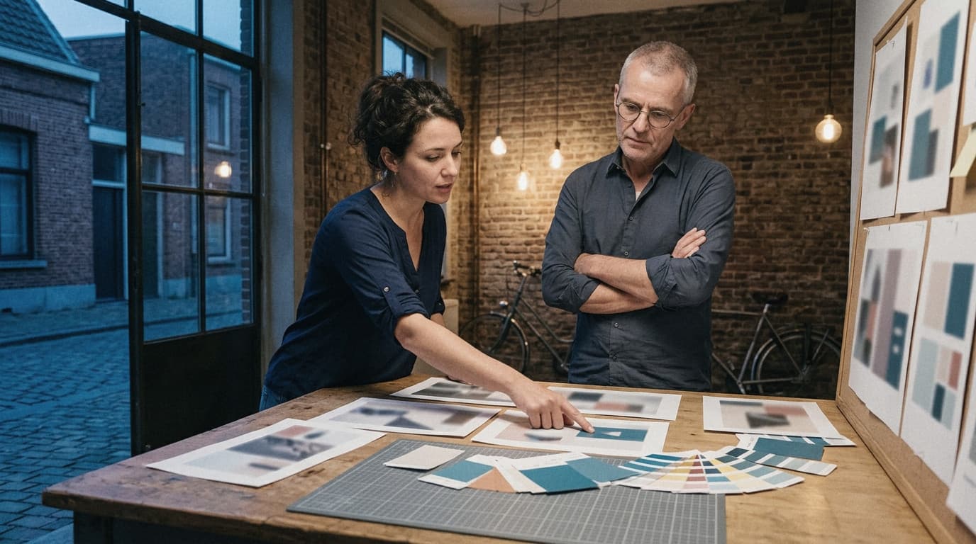 Two people in a small studio considering printed layouts spread across a large table.