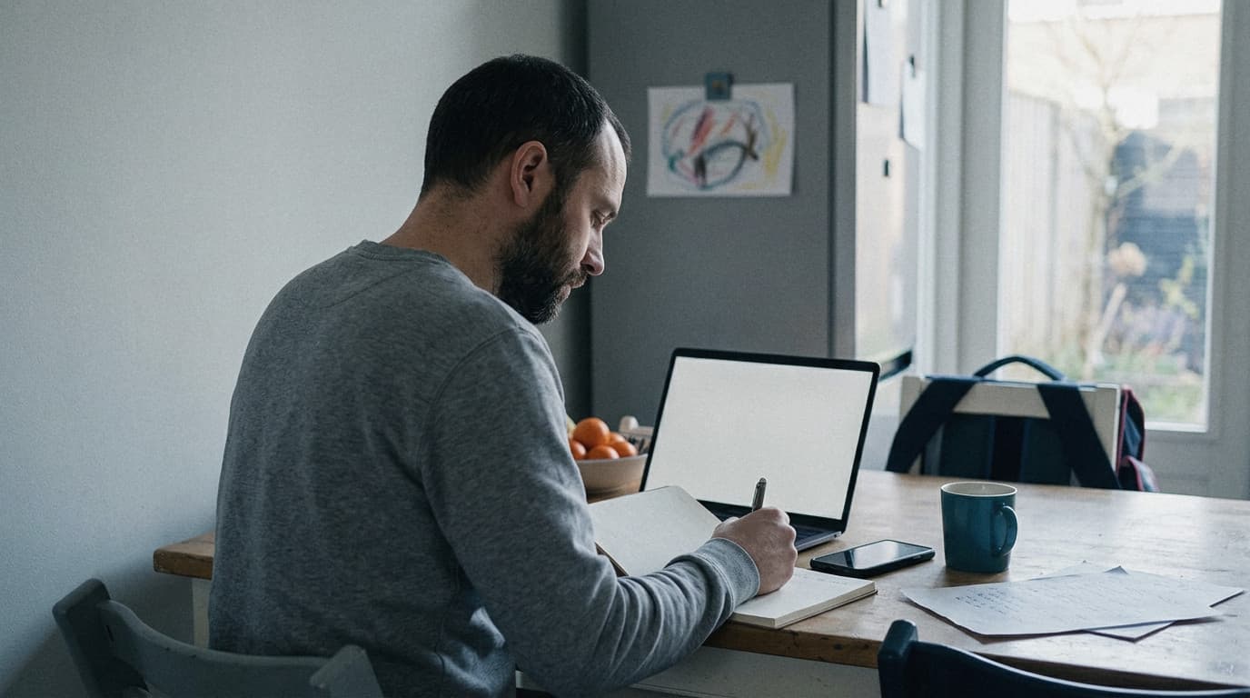 A man at a kitchen table on a Friday afternoon, writing in a notebook next to an open laptop, a school bag on the chair opposite.