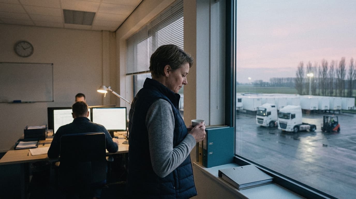 A woman with a coffee at the window of a first-floor office, looking down at a logistics yard at dawn.
