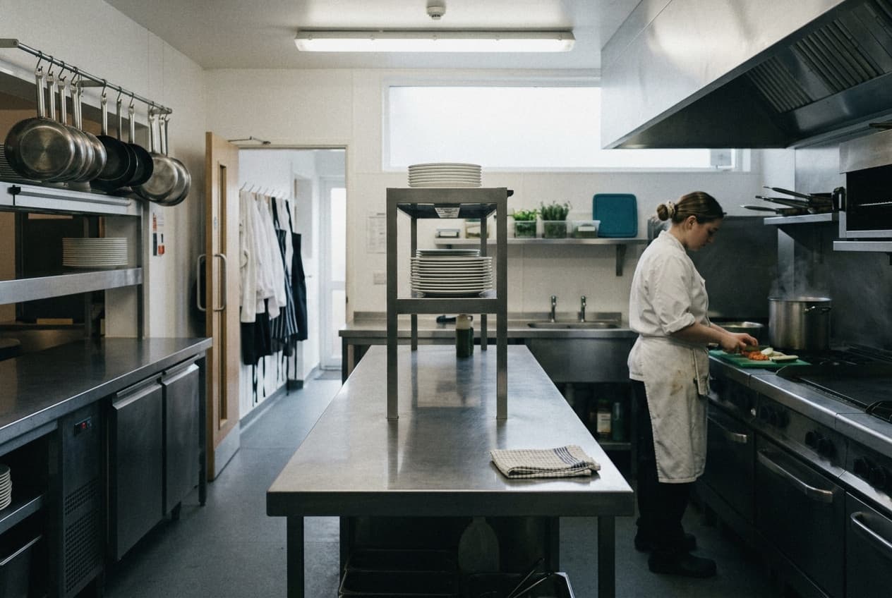 Een hotelkeuken tussen lunch en diner: rechts snijdt één kok groenten, terwijl de werkplek ervoor leeg en schoongeveegd is.